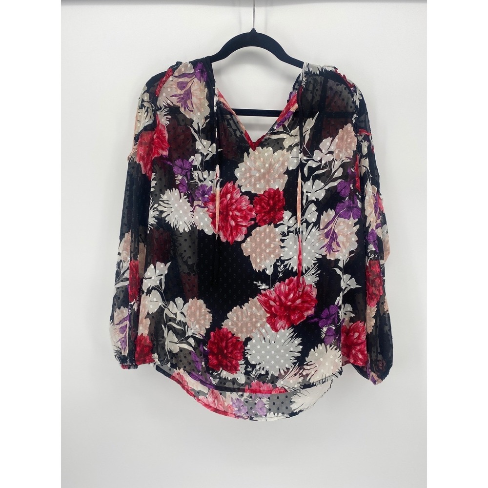 Liz Claiborne Career Blouse Womens Medium Black Floral Sheer Excellent Clip Dot